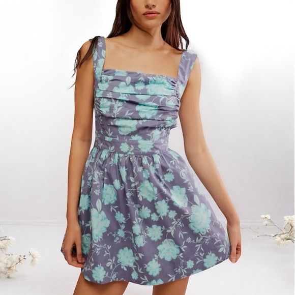 🌻FREE PEOPLE Meet Me In Maui Printed Mini Dress In Blue Size Small New Cond. - Picture 3 of 12